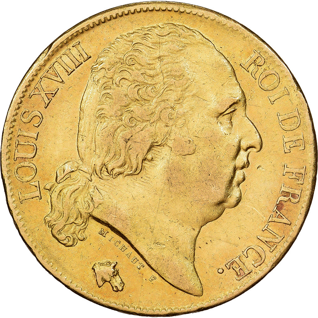 Francia, Louis XVIII, 20 Francs, 1818, Paris, Oro, BB+, Gadoury:1028, KM:712.1
