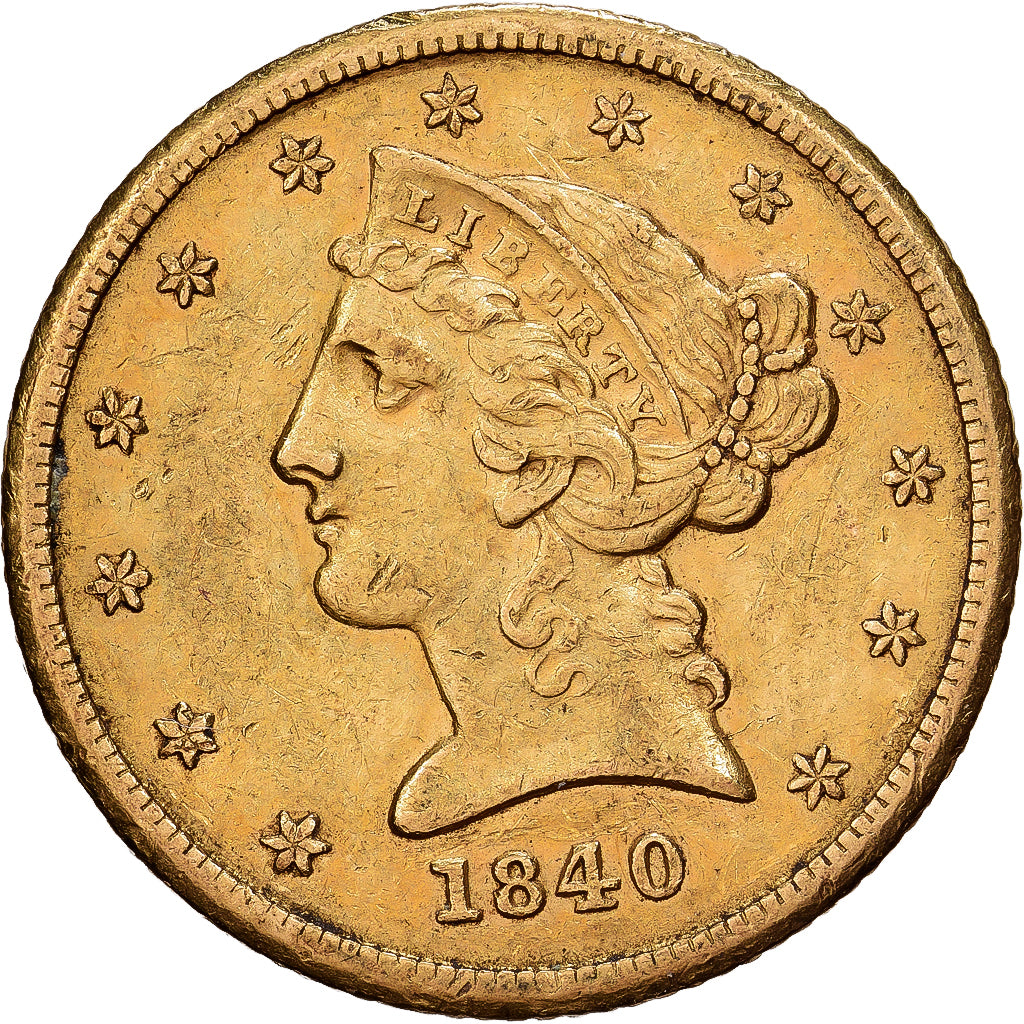 USA, $5, Half Eagle, Coronet Head, 1840, Philadelphia, Złoto, AU(55-58), KM:69
