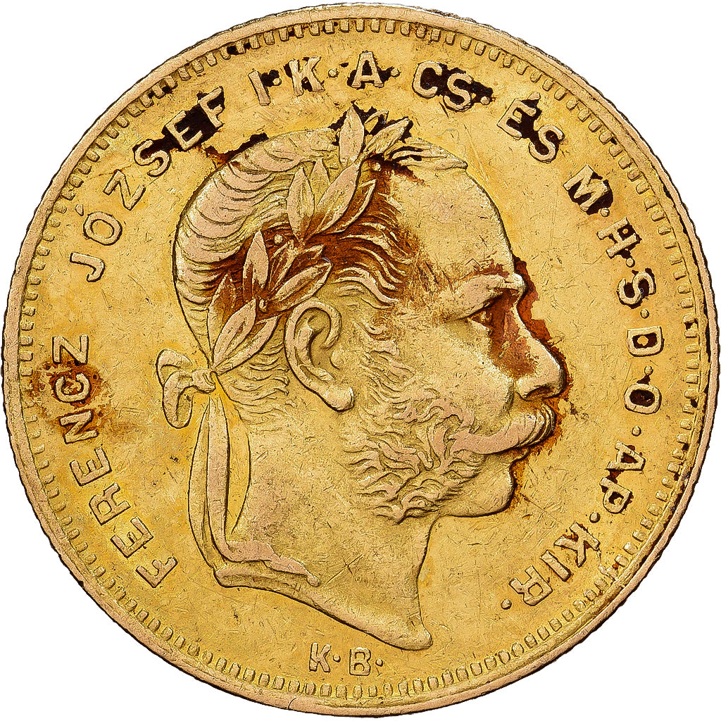 Hungría, 8 Forint 20 Francs, Franz Joseph I, 1877, Oro, MBC+, KM:455.1