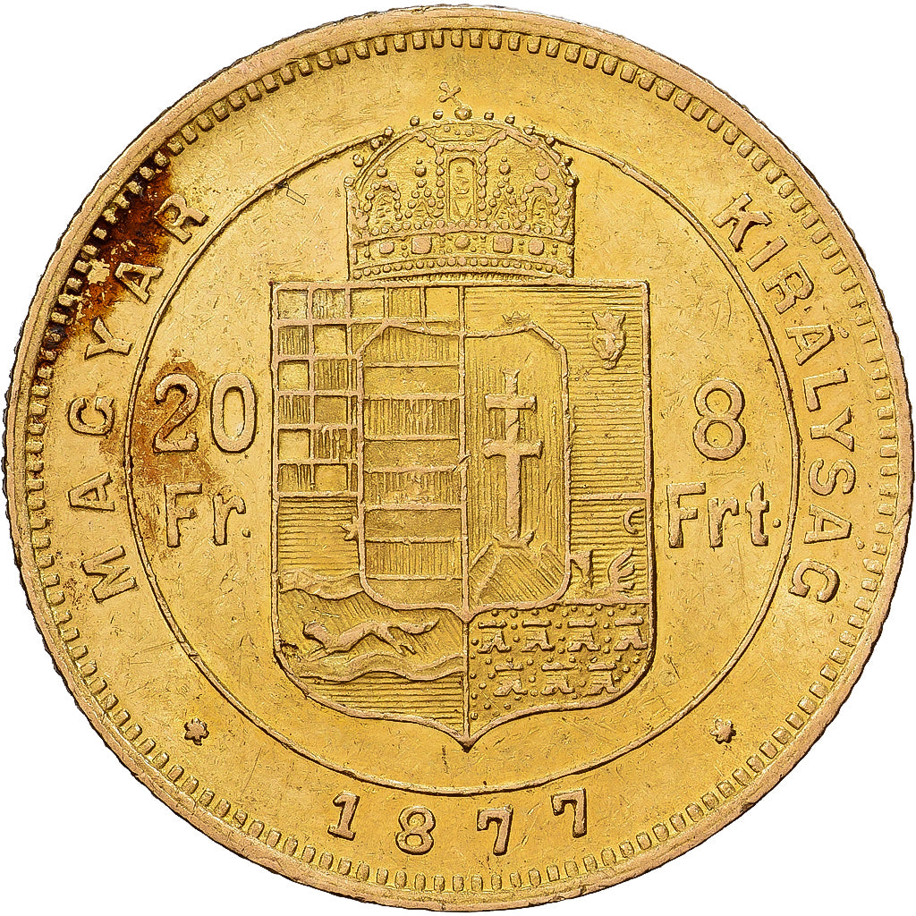 Hungría, 8 Forint 20 Francs, Franz Joseph I, 1877, Oro, MBC+, KM:455.1