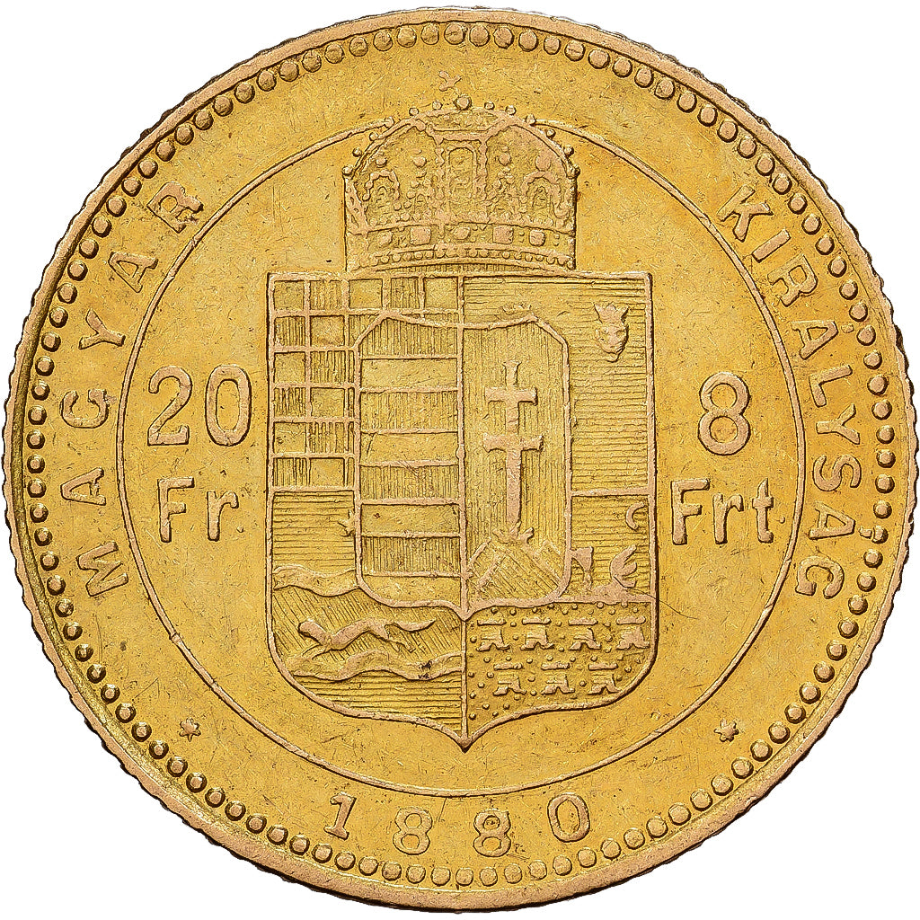 Hongarije, 8 Forint 20 Francs, Franz Joseph I, 1880, Goud, PR, KM:455.1