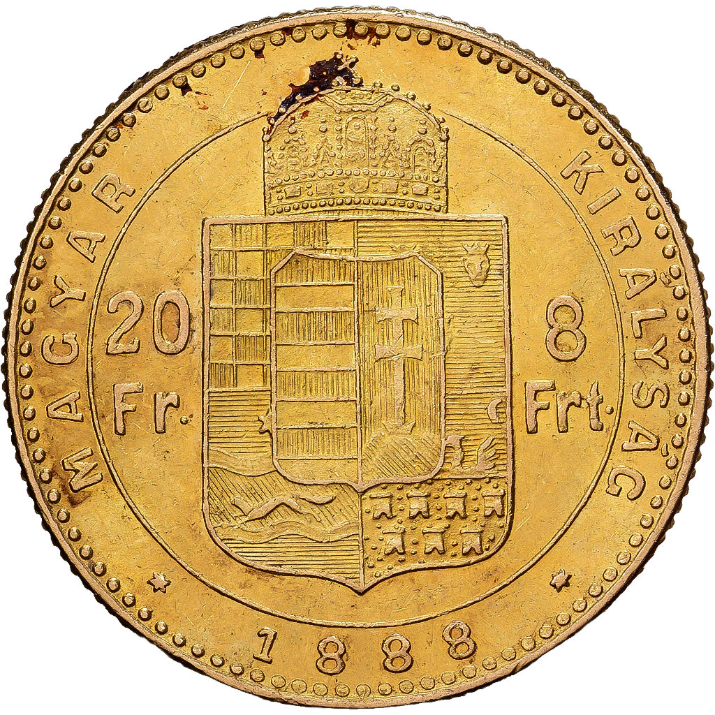 Hungary, 8 Forint 20 Francs, Franz Joseph I, 1888, Gold, AU(55-58), KM:455.1