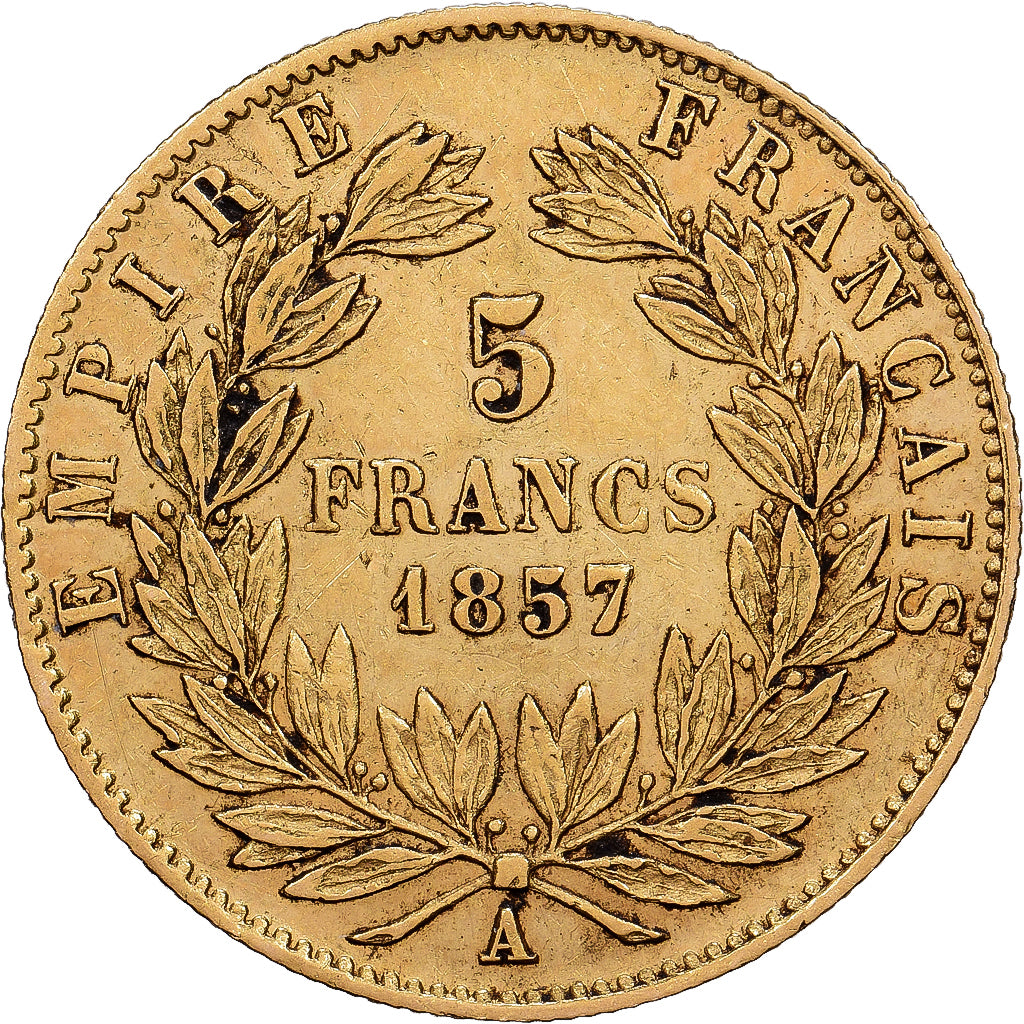 Francja, Napoleon III, 5 Francs, 1857, Paris, Złoto, AU(50-53), Gadoury:1001