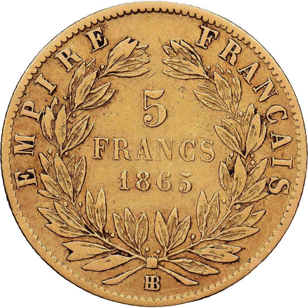 France, Napoléon III, 5 Francs, 1865, Strasbourg, Or, TB, KM:803.1
