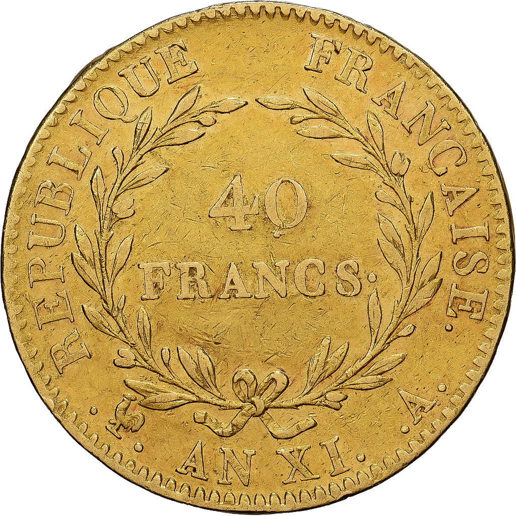 France, 40 Francs, Napoléon I, An XI, Paris, Gold, EF(40-45), KM:652