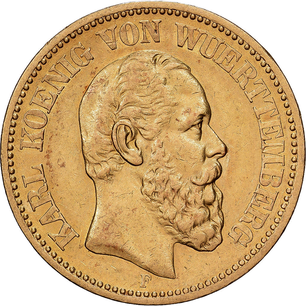 German States, WURTTEMBERG, Karl I, 20 Mark, 1872, Freudenstadt, Gold