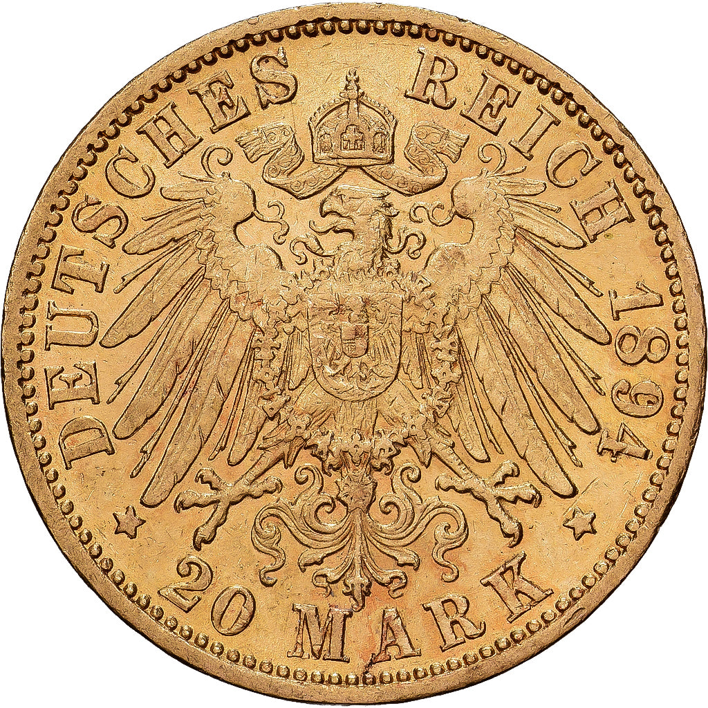 German States, BADEN, Friedrich I, 20 Mark, 1894, Karlsruhe, Gold, AU(55-58)