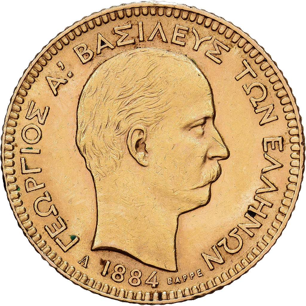 Grecia, George I, 20 Drachmai, 1884, Paris, Oro, MBC+, KM:56