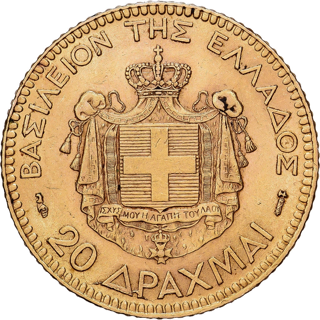 Grecia, George I, 20 Drachmai, 1884, Paris, Oro, MBC+, KM:56