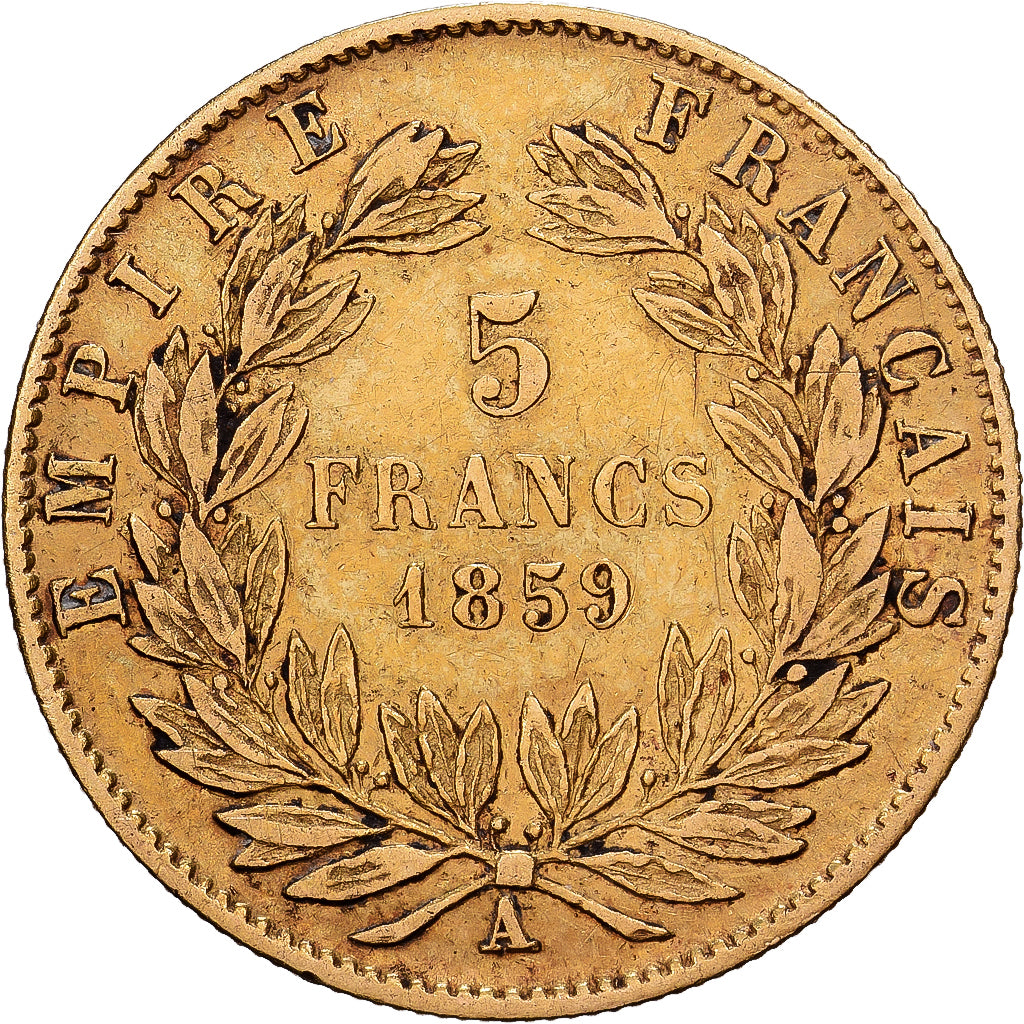 Francia, Napoleon III, 5 Francs, Napoléon III, 1859, Paris, Oro, MB+, KM:787.1
