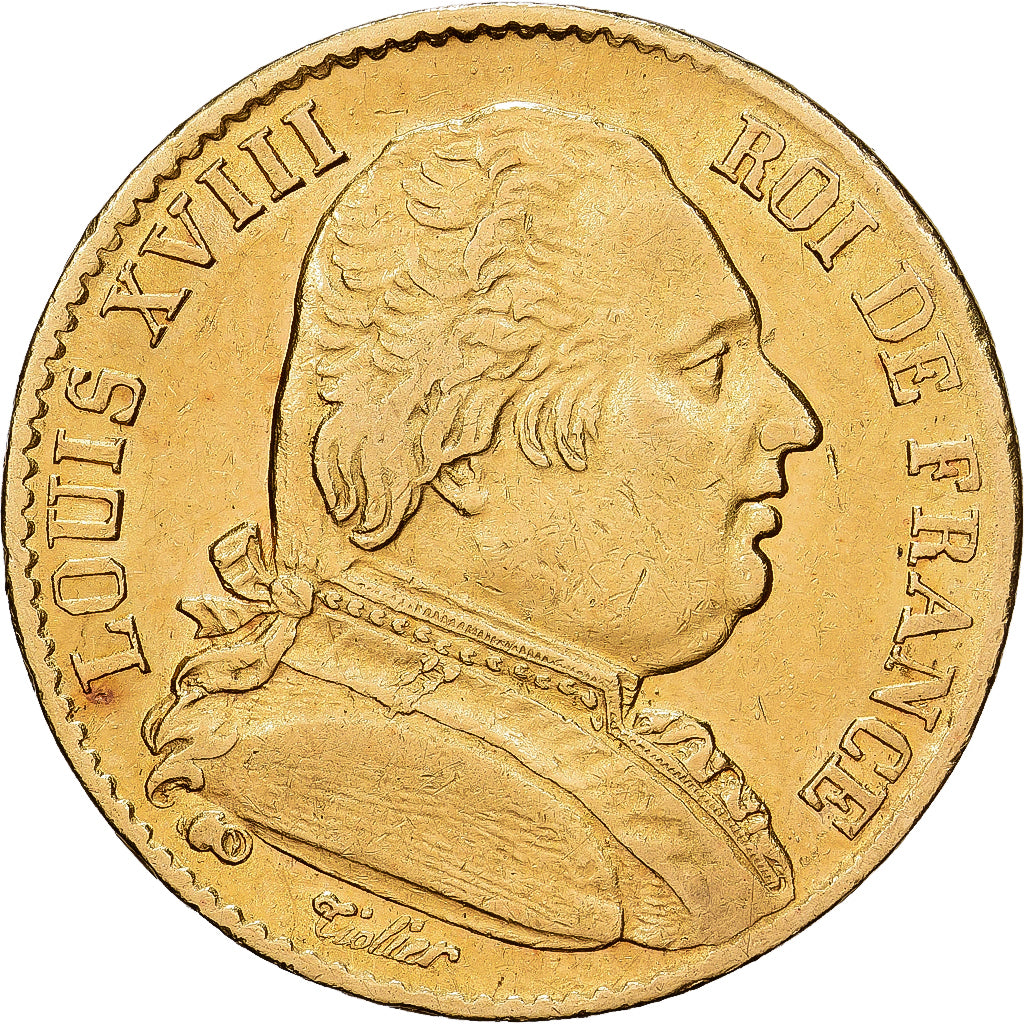 Francja, Louis XVIII, 20 Francs, 1814, Paris, Złoto, AU(50-53), Gadoury:1026
