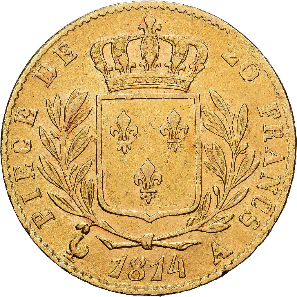 Francja, Louis XVIII, 20 Francs, 1814, Paris, Złoto, AU(50-53), Gadoury:1026