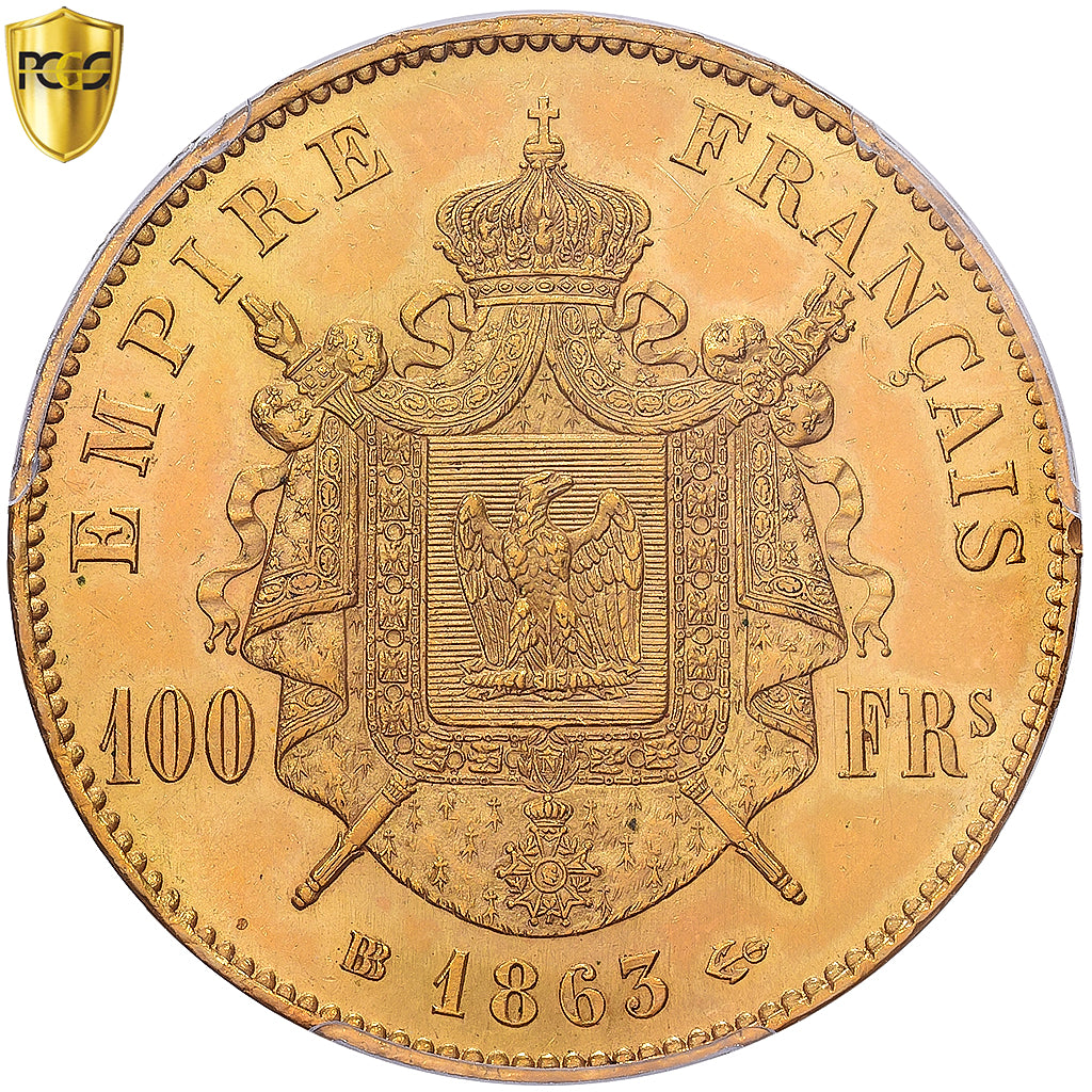 Frankrijk, Napoleon III, 100 Francs, 1863, Strasbourg, Goud, PCGS, MS62