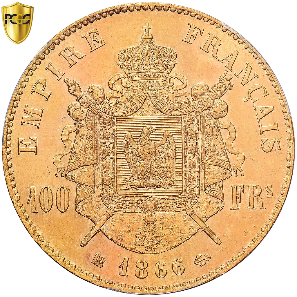 Frankrijk, Napoleon III, 100 Francs, 1866, Strasbourg, Goud, PCGS, MS63