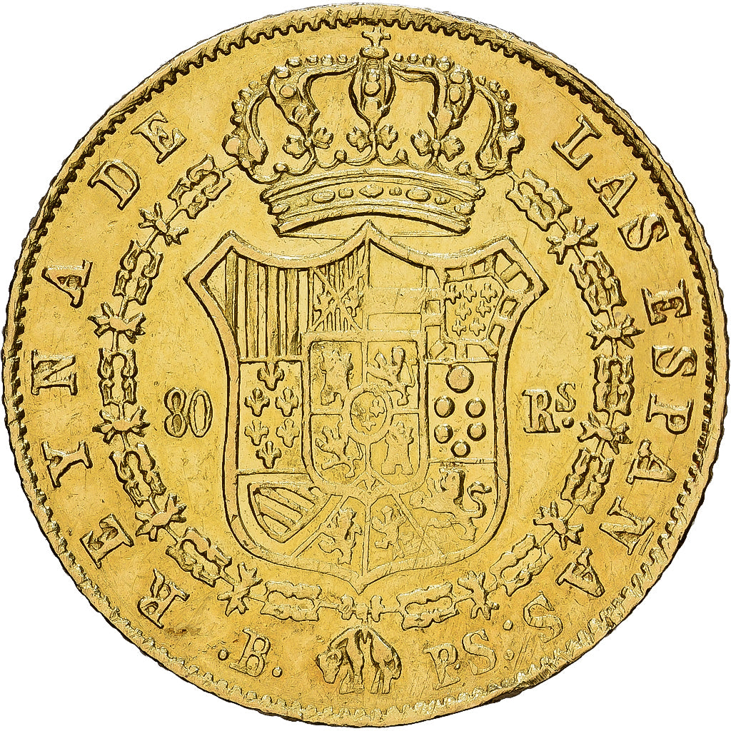 Spain, Isabel II, 80 Reales, 1845, Barcelona, Gold, AU(55-58), KM:578.1