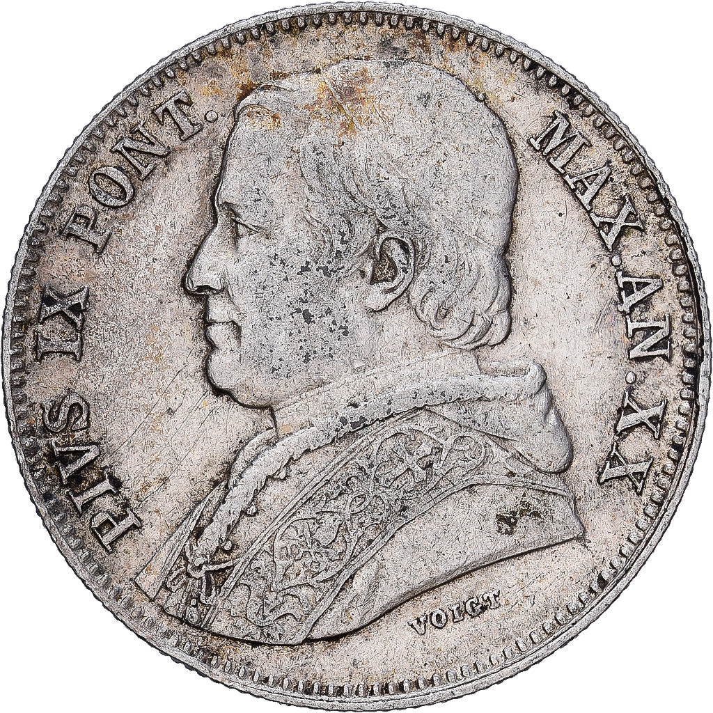 Italien Staaten, PAPAL STATES, Pius IX, 20 Baiocchi, 1865, Rome, Silber, S+
