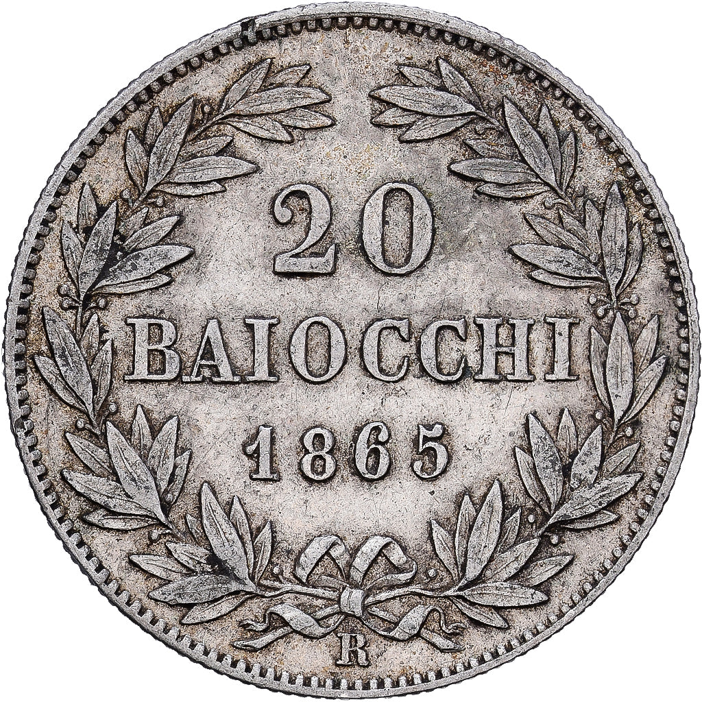 Italien Staaten, PAPAL STATES, Pius IX, 20 Baiocchi, 1865, Rome, Silber, S+
