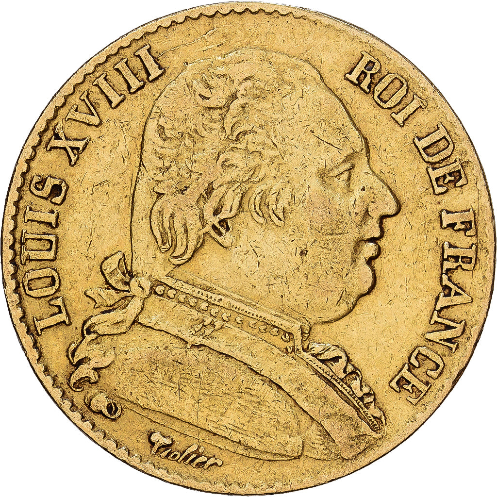 Francja, Louis XVIII, 20 Francs, 1815, Paris, Złoto, EF(40-45), KM:706.1