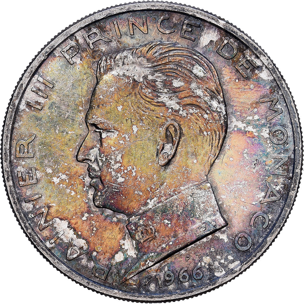 Monaco, Rainier III, 5 Francs, 1966, Srebro, AU(55-58), KM:141