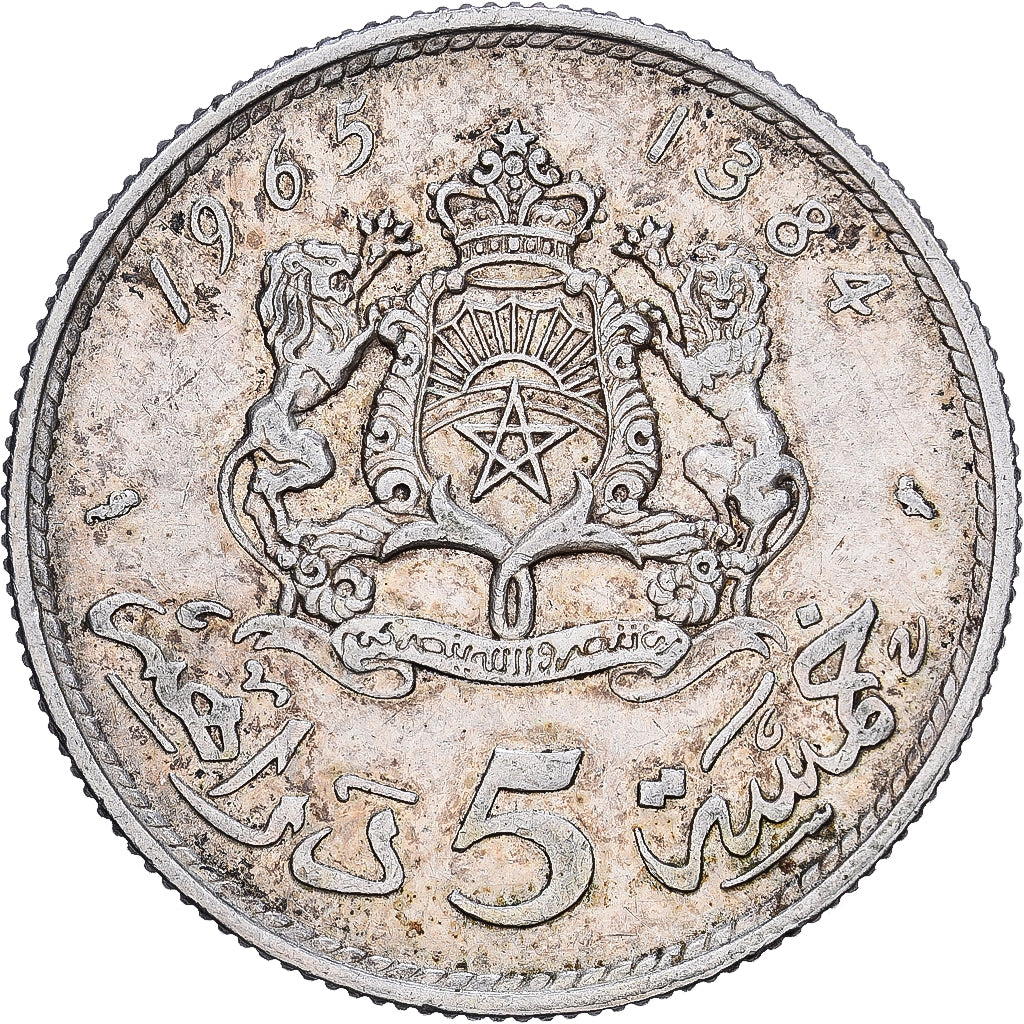 Morocco, al-Hassan II, 5 Dirhams, 1965/AH1384, Paris, Silver, EF(40-45), KM:57