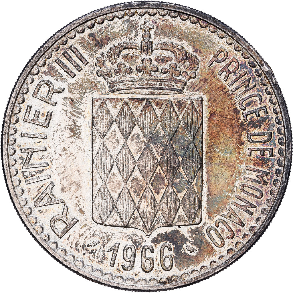 Monaco, Rainier III, 10 Francs, 1966, Paris, Srebro, AU(55-58), KM:146