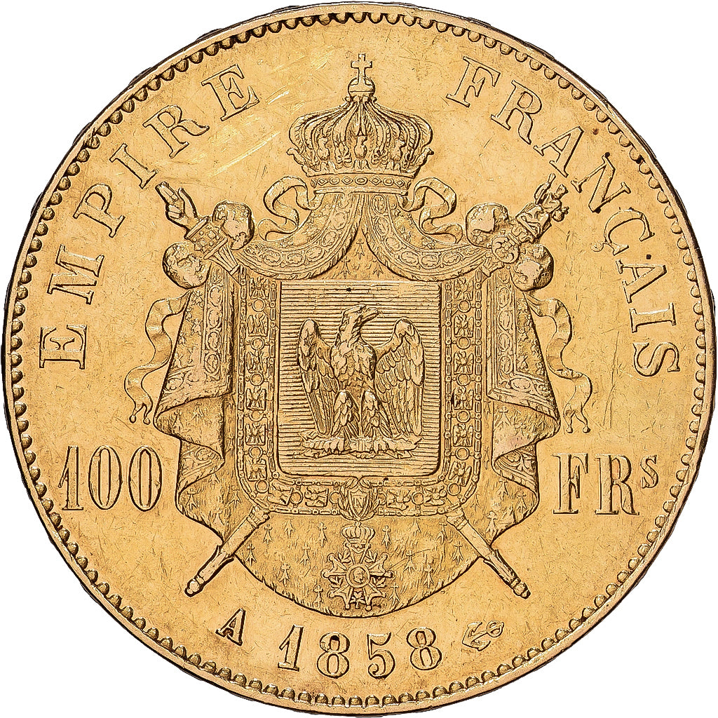 França, Napoleon III, 100 Francs, 1858, Paris, Dourado, AU(55-58)