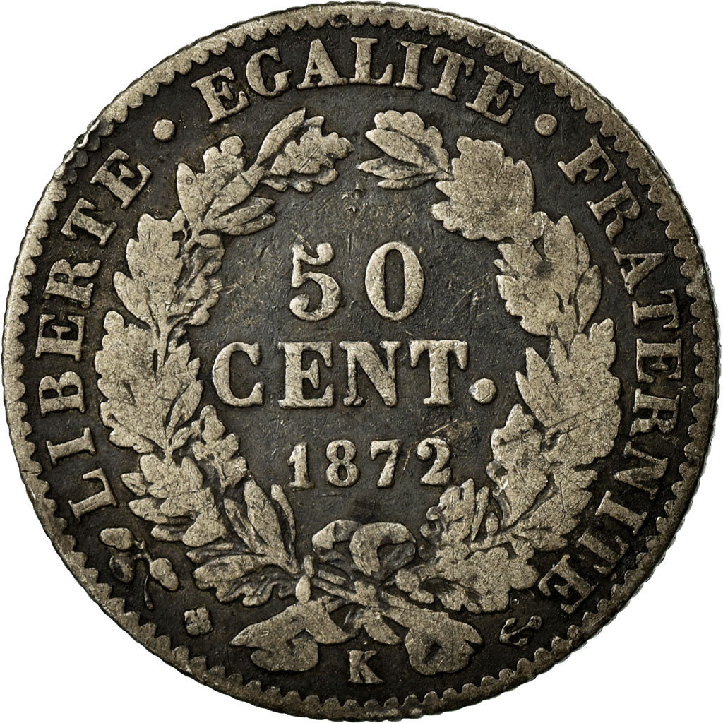 Coin, France, Cérès, 50 Centimes, 1872, Bordeaux, VF(20-25), Silver