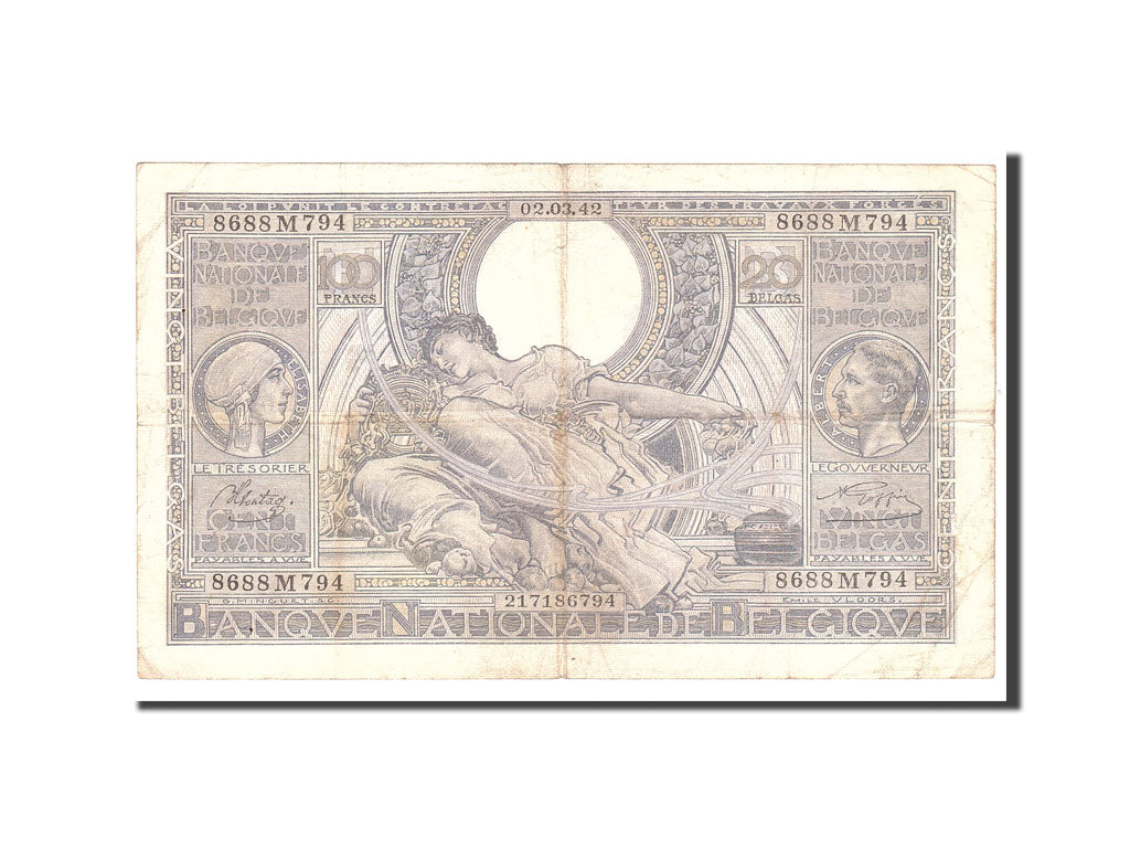 Geldschein, Belgien, 100 Francs-20 Belgas, 1942, 1942-03-02, KM:107, S+