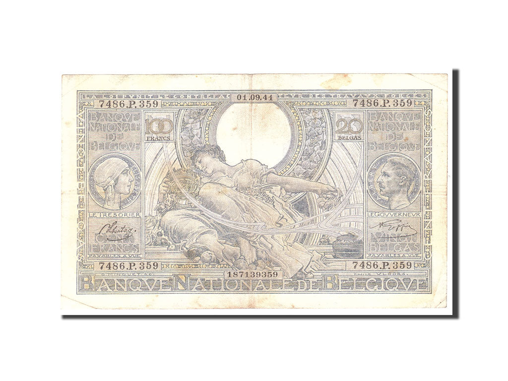 Geldschein, Belgien, 100 Francs-20 Belgas, 1941, 1941-09-01, KM:107, S+