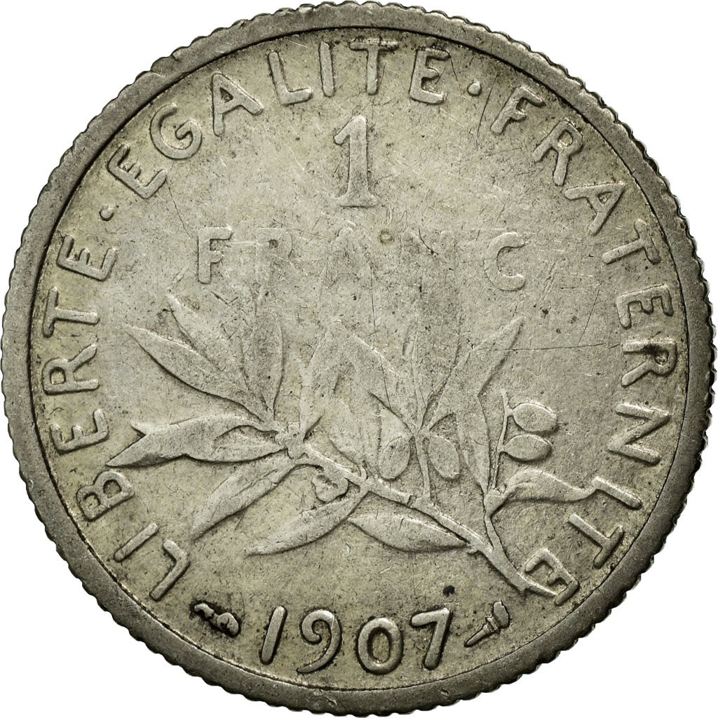 Coin, France, Semeuse, Franc, 1907, Paris, VF(30-35), Silver, Gadoury:467