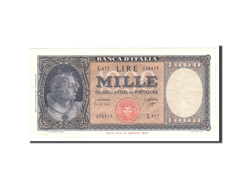 Billete, 1000 Lire, 1961, Italia, KM:88d, 1961-09-25, MBC