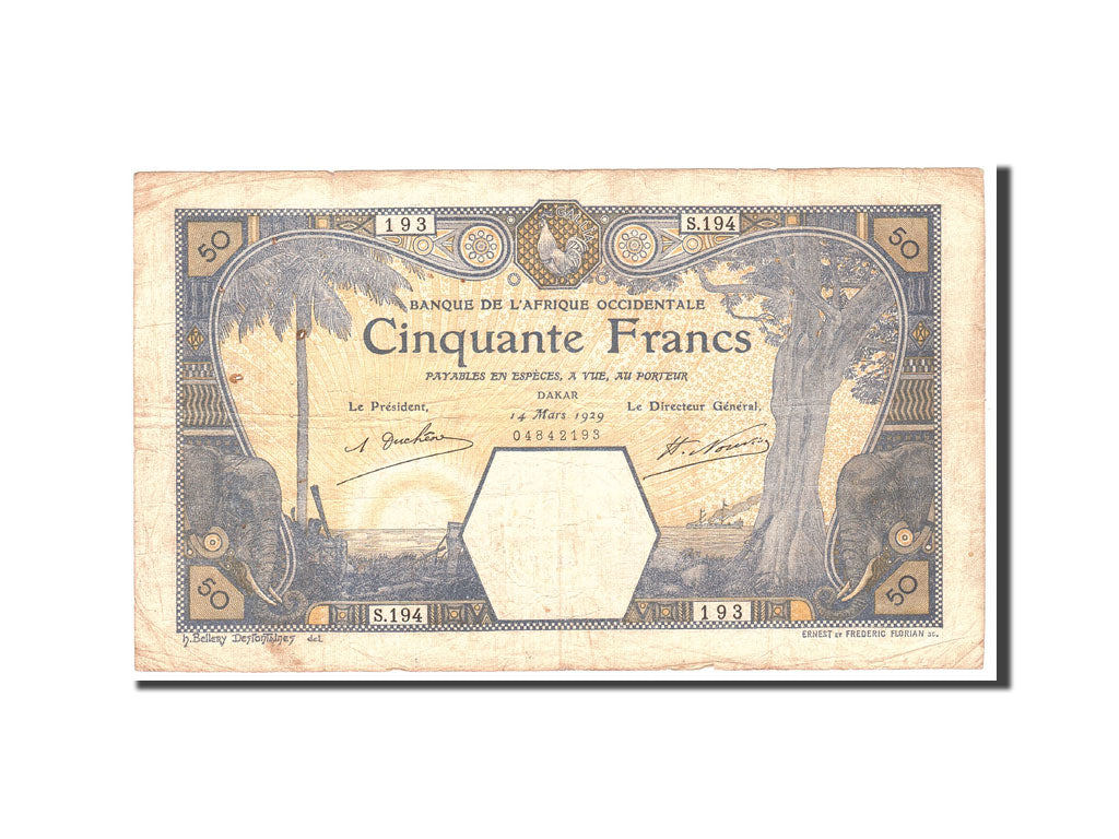 Banconote, Africa occidentale francese, 50 Francs, 1929, KM:9Bc, 1929-03-14, MB