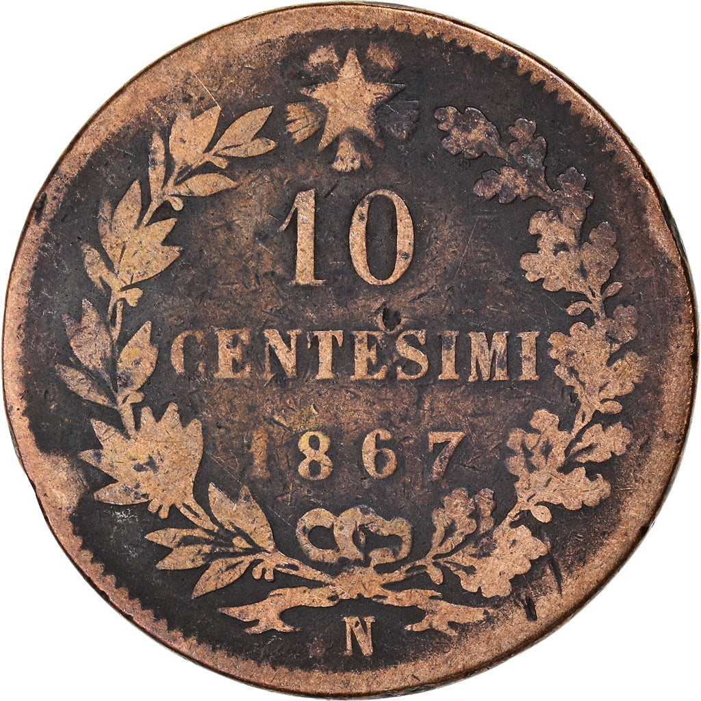 Moneda, Italia, Vittorio Emanuele II, 10 Centesimi, 1867, Naples, BC, Cobre