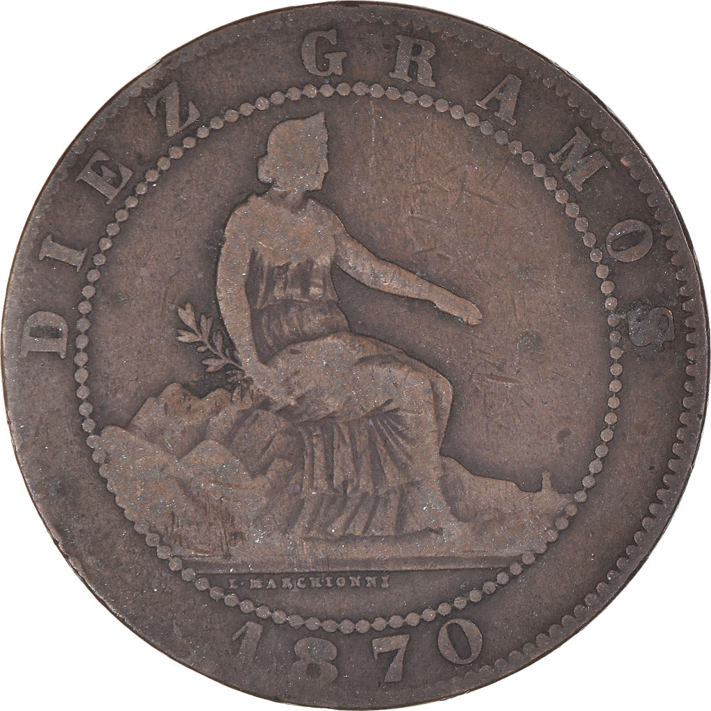 Moneda, España, Provisional Government, 10 Centimos, 1870, Madrid, BC, Cobre