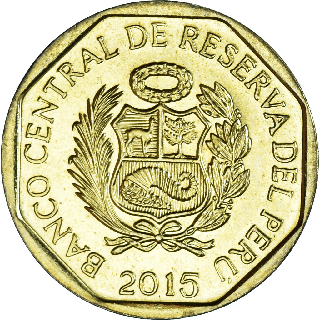Coin, Peru, 10 Centimos, 2015, MS(63), Brass, KM:305.4