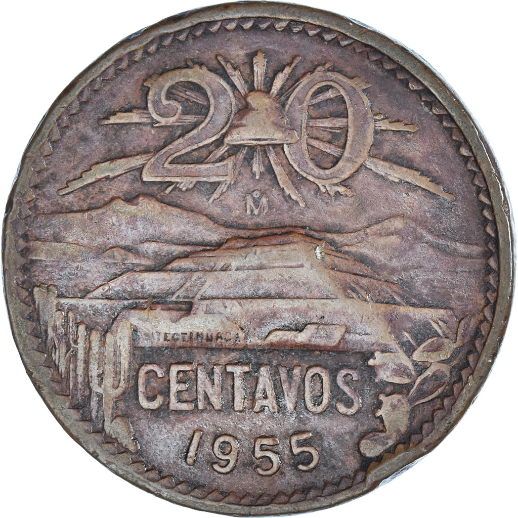 Coin, Mexico, 20 Centavos, 1955, Mexico City, EF(40-45), Bronze, KM:439