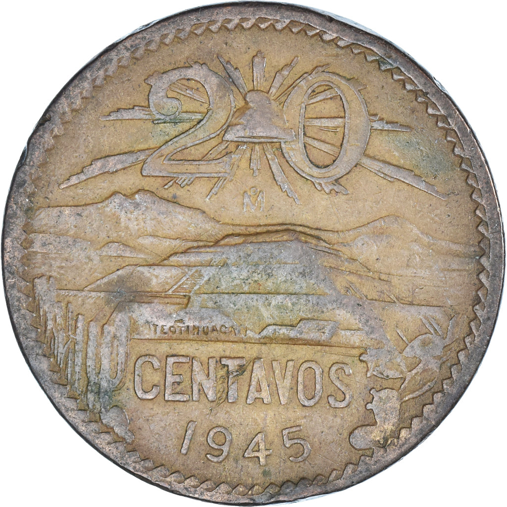 Moneda, México, 20 Centavos, 1945, Mexico City, MBC, Bronce, KM:439
