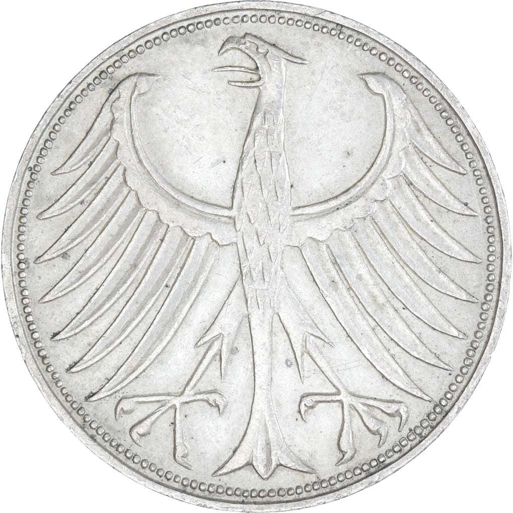 Moneda, ALEMANIA - REPÚBLICA FEDERAL, 5 Mark, 1951, Stuttgart, BC+, Plata