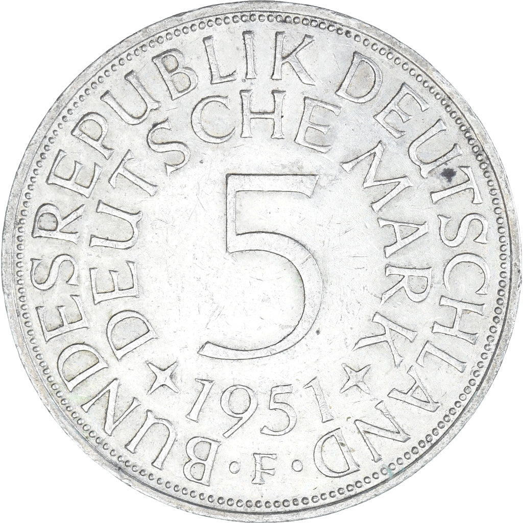 Moneda, ALEMANIA - REPÚBLICA FEDERAL, 5 Mark, 1951, Stuttgart, BC+, Plata