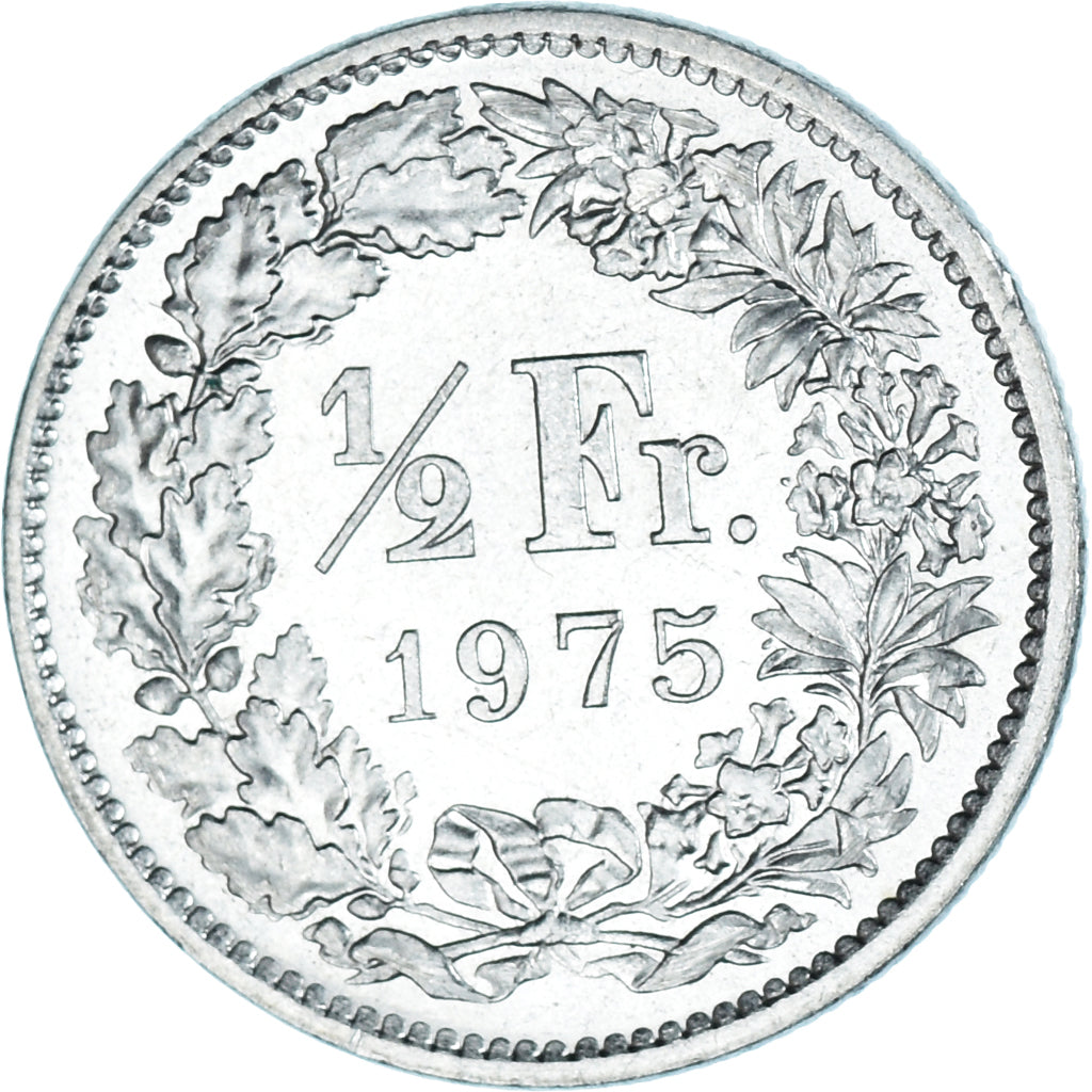 Moneta, Szwajcaria, 1/2 Franc, 1975, Bern, MS(63), Miedź-Nikiel, KM:23a.1