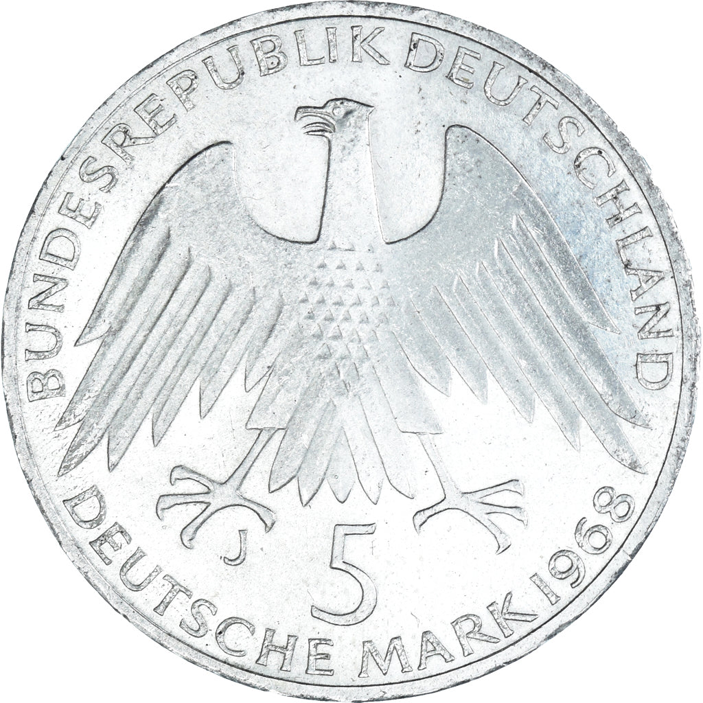 Munten, Federale Duitse Republiek, 5 Mark, 1968, Hamburg, Germany, ZF+, Zilver
