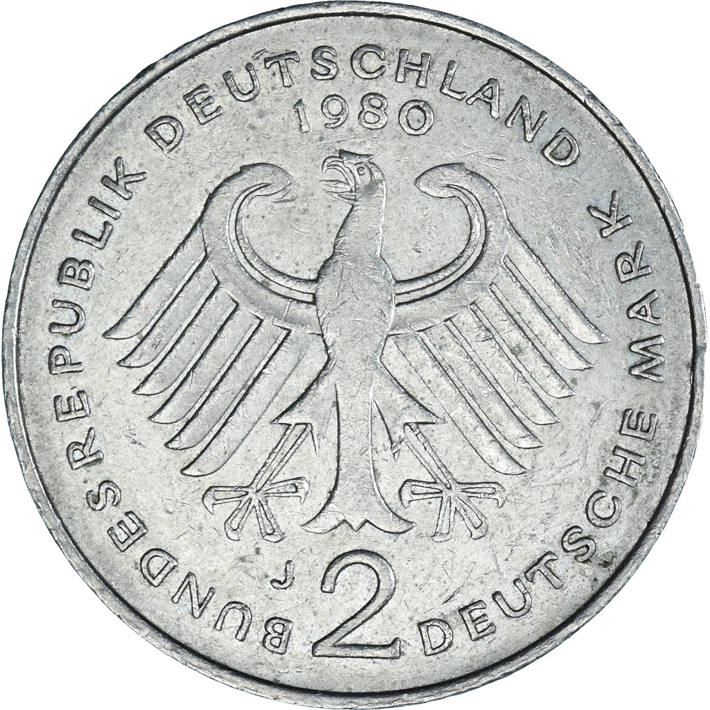 Coin, GERMANY - FEDERAL REPUBLIC, 2 Mark, 1980, Hambourg, EF(40-45)