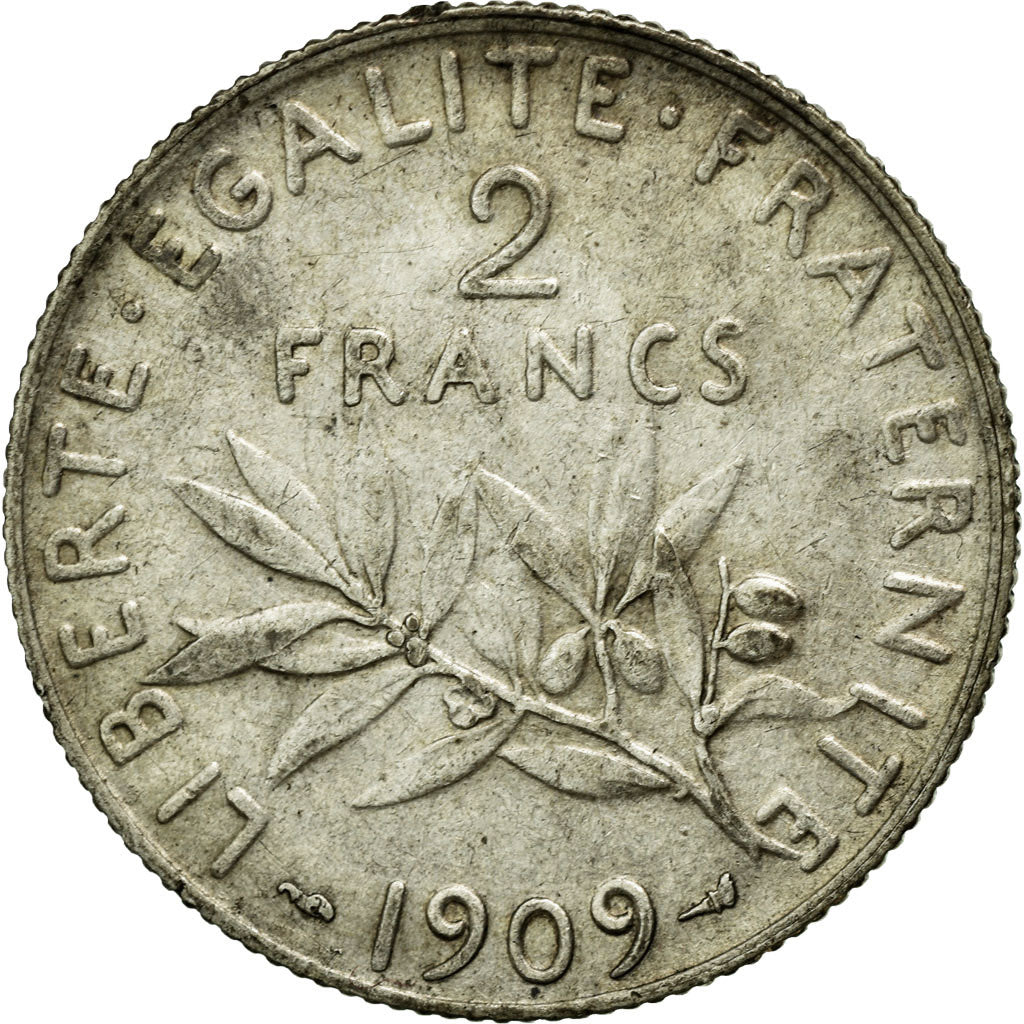 Coin, France, Semeuse, 2 Francs, 1909, AU(50-53), Silver, Gadoury:532