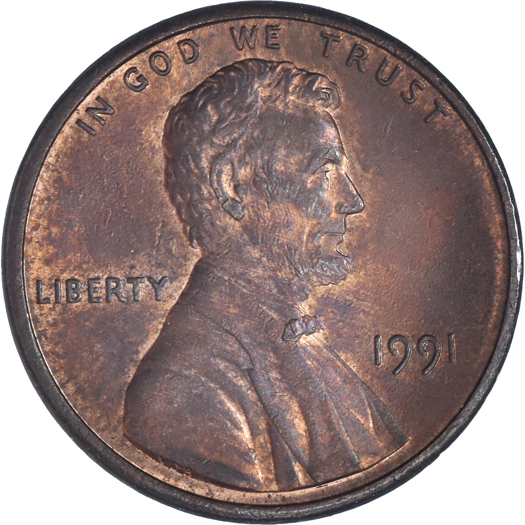 Coin, United States, Lincoln Cent, Cent, 1991, U.S. Mint, Philadelphia