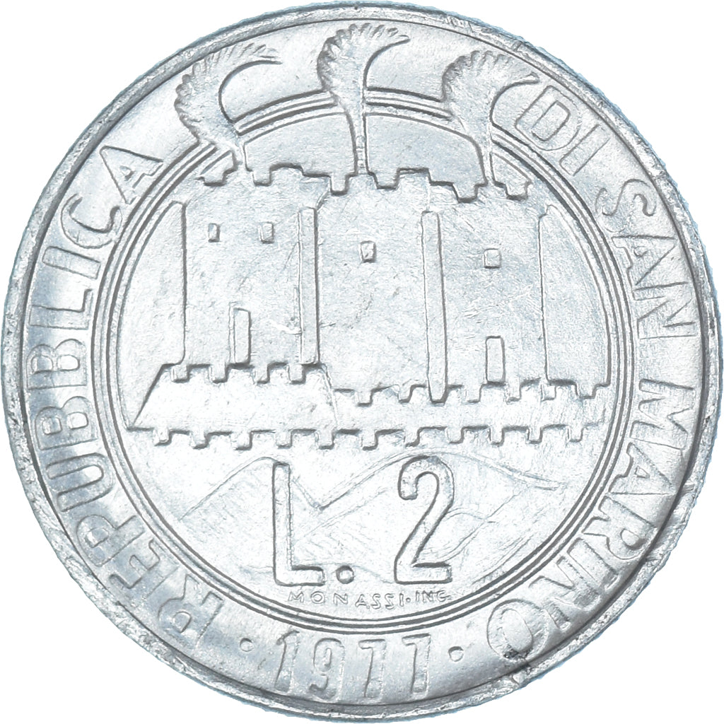 Moeda, San Marino, 2 Lire, 1977, EF(40-45), Alumínio, KM:64
