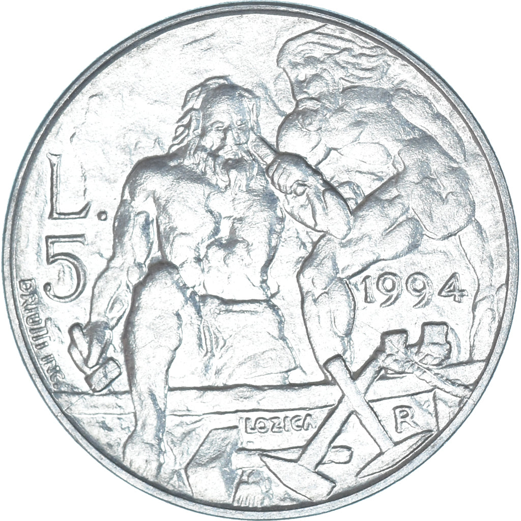 Coin, San Marino, 5 Lire, 1994, Rome, MS(63), Aluminum, KM:308