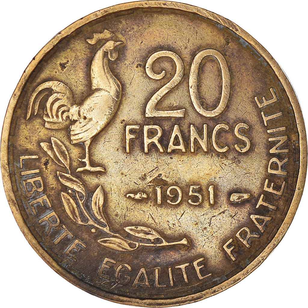 Munten, Frankrijk, Guiraud, 20 Francs, 1951, Paris, FR+, Aluminum-Bronze