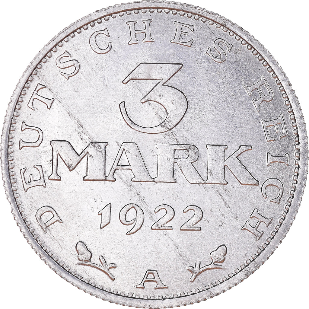 Moneda, ALEMANIA - REPÚBLICA DE WEIMAR, 3 Mark, 1922, Berlin, BC+, Aluminio