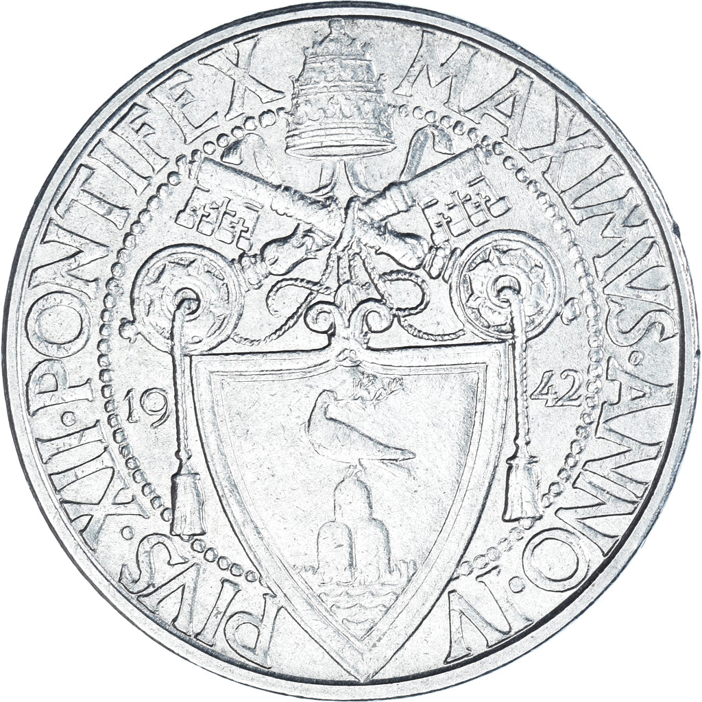 Moneda, CIUDAD DEL VATICANO, Pius XII, 2 Lire, 1942, Roma, SC, Acero inoxidable