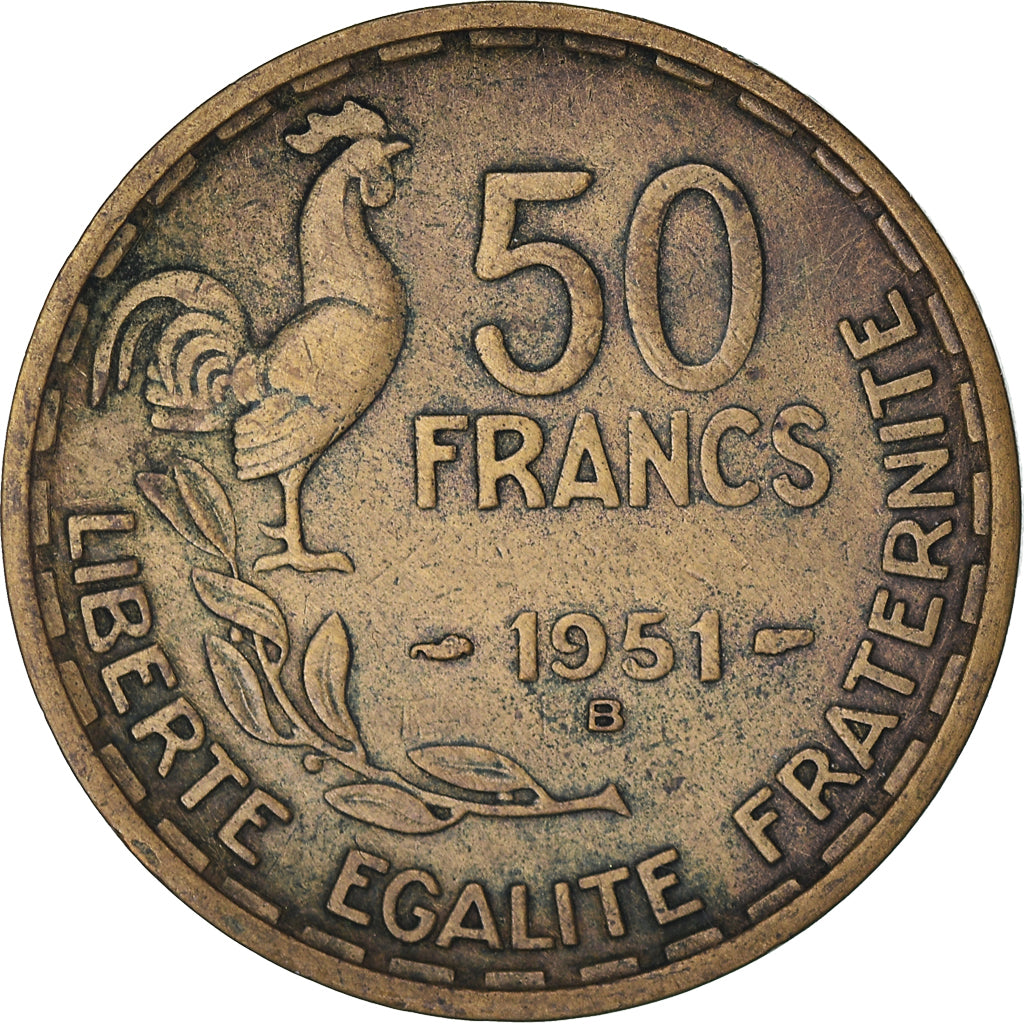 Moneta, Francia, Guiraud, 50 Francs, 1951, Beaumont - Le Roger, MB+